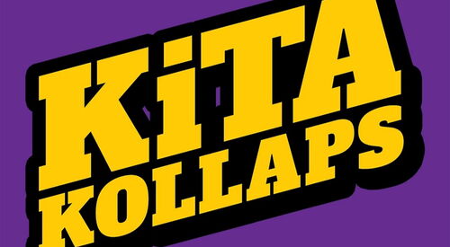 Logo: Lila Hintergrund gelbe dicke Schrift. Text: Kitakollaps